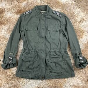 Democracy Jacket Women Size Small Green Floral Embroiderd Detail Military